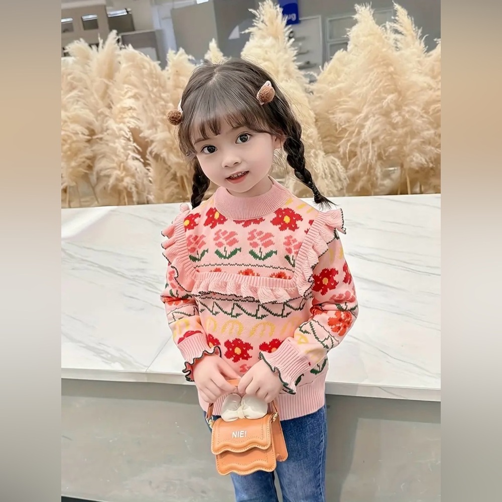 Girls Premium Knit Floral Sweater | Size 3T–4T